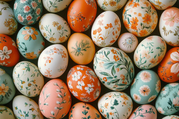 Colorful easter background with hand-painted floral patterns on easter eggs