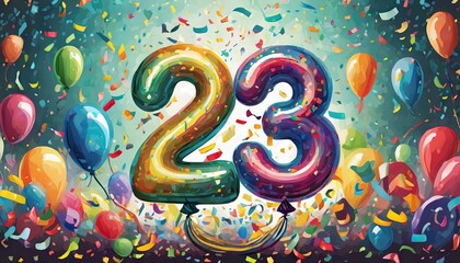 Birthday / anniversary balloon, number 23, colorful illustration with confetti and festive decoration