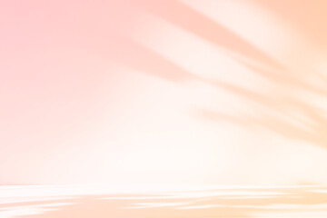 Abstract pink color gradient studio background for product presentation. Empty room with shadows of flowers and plant leaves. 3d orange room with copy space. Summer concept. Blurred backdrop