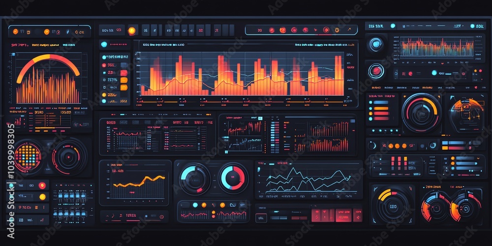 Poster futuristic digital interface with various data visualization elements.