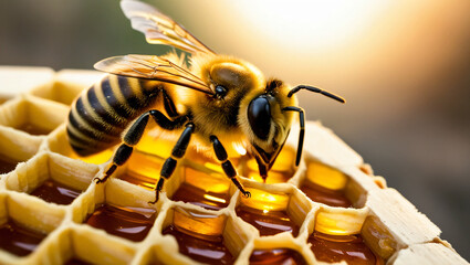 close up of honey bee on a honeycomb