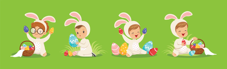 Easter with Kids in Bunny Costume on Green Lawn with Eggs Vector Set