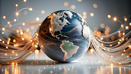 Glowing Earth with Data Streams Over Bokeh Background - Interconnected Global Data Network | Soft Digital Art Image | Ample Copy Space for Photo Stock Concept