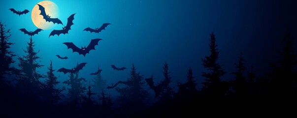 Fototapeta premium A dark, eerie night scene featuring flying bats against a blue moonlit backdrop with silhouetted trees, creating a spooky atmosphere.