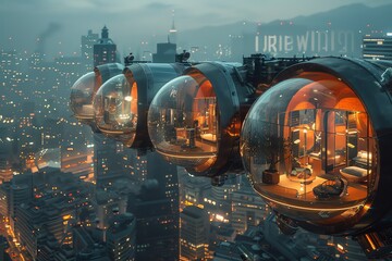Futuristic flying pods with city view.