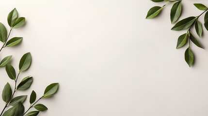 A minimalistic composition featuring green leaves arranged against a neutral background, creating a fresh and natural aesthetic.