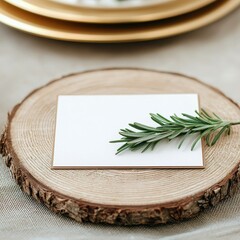 A minimalistic place card rests on a wooden slice, adorned with a sprig of rosemary, perfect for elegant table settings.