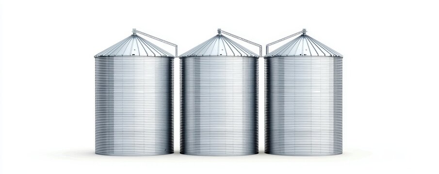 Front view of three industrial silos with clean metallic finish, positioned on a white background, ideal for showcasing modern storage infrastructure