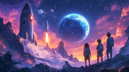 Fototapeta premium Children embarking on a thrilling space-themed scavenger hunt, exploring their imaginative surroundings filled with cosmic wonders