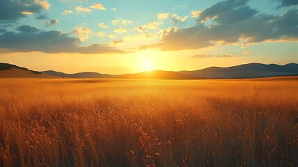 Fototapeta premium A beautiful sunset over a field of golden wheat.