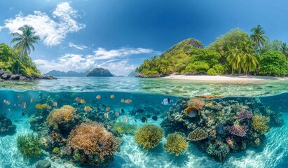 A beautiful island with a blue ocean and a coral reef