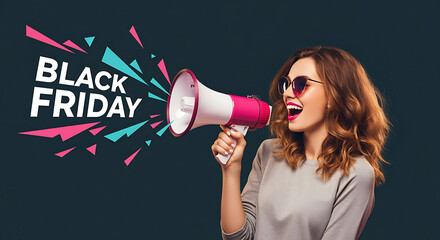 A woman enthusiastically announces Black Friday with a pink and white megaphone. The bold "Black Friday" text, highlighting the excitement of the sale event. Generative AI