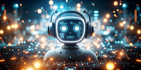 Soft Abstract AI Chatbot Icon Headset Business Background, AI Customer Support Representation, Bokeh Effect, Digital Assistance Concept, Copy Space for Advertising, Modern Technology Visual