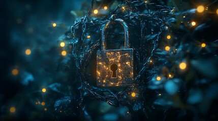 Glowing Padlock Entangled in Twinkling Vines