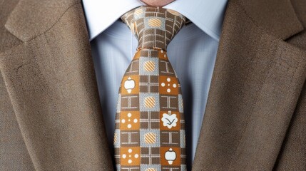 A stylish tie with subtle pumpkin and acorn motifs in muted orange and brown creating a refined yet festive autumn look perfect for Thanksgiving, very realistic