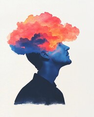 A colorful illustration of a profile silhouette with vibrant clouds emerging from the head, symbolizing creativity and imagination.