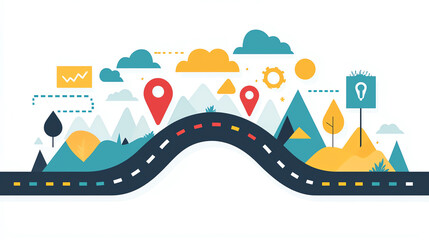 Road with milestones and markers, symbolizing guided planning, flat design illustration