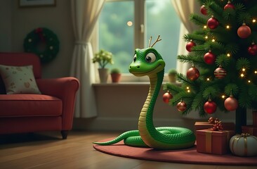 Fototapeta premium Cartoon green snake near a Christmas tree, which is adorned with ornaments and lights. The scene takes place indoors, possibly in a living room.