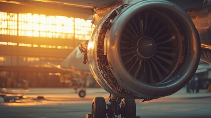 Close-up of a jet engine mechanic tightening nuts and making adjustments during engine repairs in an aircraft hangar.