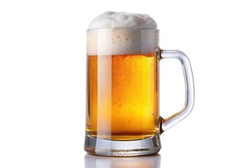 Cold mug of beer with foam on white background