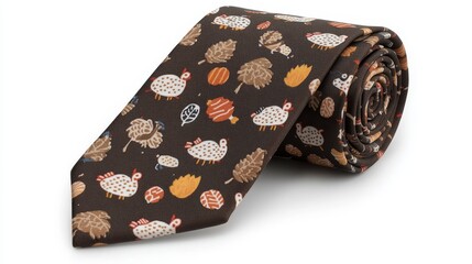 A tie adorned with a playful pattern of cartoon turkeys surrounded by pumpkins and autumn leaves in bright festive colors perfect for a fun fall celebration, very realistic