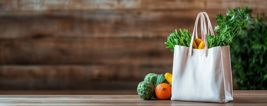 A stylish bag filled with fresh fruits and vegetables sits on a wooden table, showcasing a vibrant, healthy lifestyle.