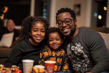 Obraz premium A happy family of three, including a father, daughter, and son, smile warmly while enjoying a cozy moment together indoors, surrounded by snacks and warmth.