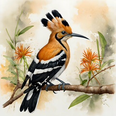 Create a realistic watercolor painting of a hoopoe bird perched on a branch, with its distinctive orange and black plumage, long beak, and fan-shaped crest clearly defined. The bird should be detailed