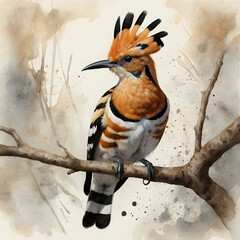 Create a realistic watercolor painting of a hoopoe bird perched on a branch, with its distinctive orange and black plumage, long beak, and fan-shaped crest clearly defined. The bird should be detailed