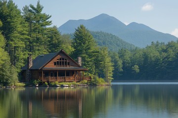 Obraz premium A scenic wooden cabin nestled beside a calm lake, surrounded by dense forest and mountains. A serene and peaceful setting in nature.