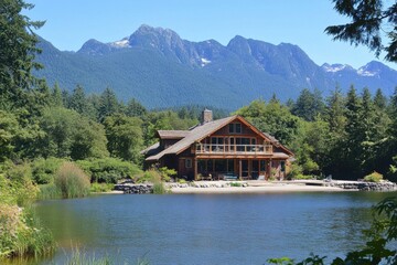 Fototapeta premium A serene wooden cabin nestled by a peaceful lake, surrounded by lush forest and distant mountains. The perfect retreat for nature lovers seeking tranquility.