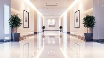 Fototapeta premium Modern Hallway with Art and Greenery in Bright Light