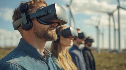 Innovative Team Collaborating on Wind Energy Project Using Virtual Reality Technology