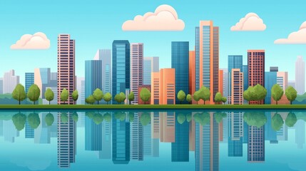 Obraz premium A vibrant city skyline reflected in water, featuring modern skyscrapers, lush trees, and a clear blue sky with fluffy clouds.