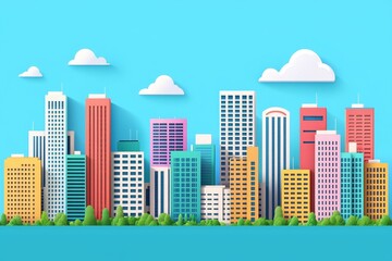 Fototapeta premium A vibrant city skyline featuring colorful buildings against a bright blue sky with fluffy clouds.