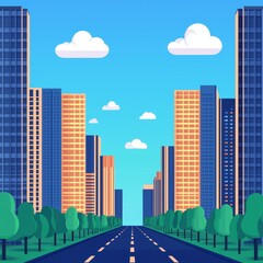 Fototapeta premium A vibrant cityscape featuring tall buildings lining a wide road under a clear blue sky with fluffy clouds.
