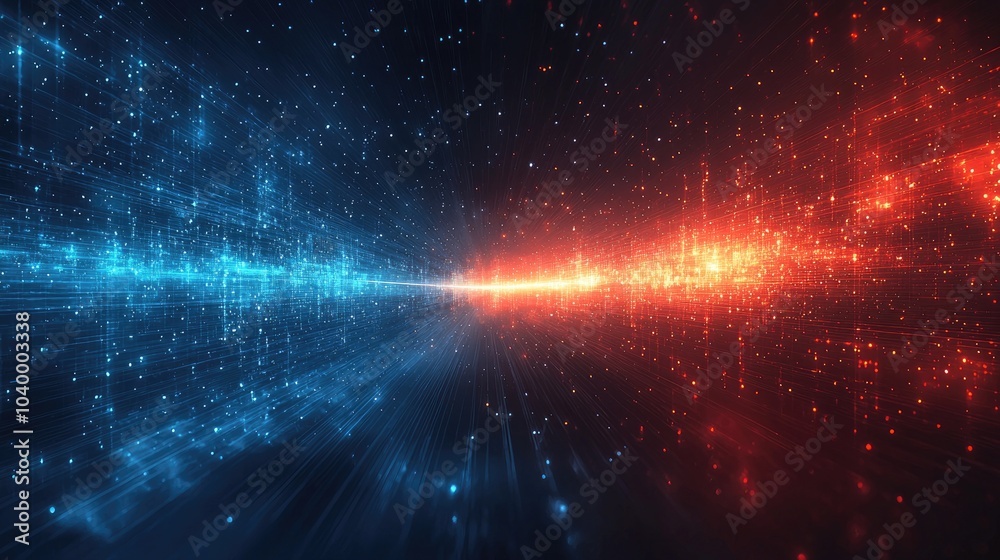 Wall mural abstract background with blue and red particles forming a glowing line in the middle, representing o