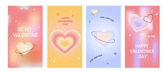 Valentine Day Design with y2k Shapes, blurred Hearts. Set of trendy modern aesthetic posters or covers on gradient backgrounds.