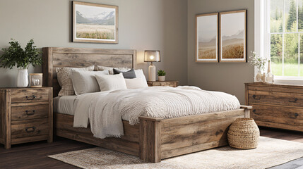 Fototapeta premium Bedroom with a light wooden headboard, neutral pillows, and minimalist wall art