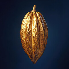 Golden cacao pod floating on blue background