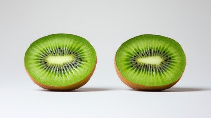 A cross-section of a kiwi fruit, showcasing its vibrant green interior and black seeds.