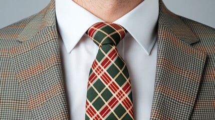 A tie with a bold tartan plaid design in red, green, and gold, offering a festive and traditional look ideal for the holiday season, very realistic