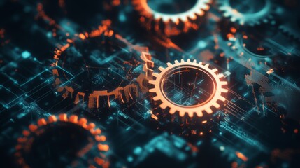A digital representation of interconnected gears, showcasing a blend of technology and engineering in vibrant colors against a circuit board background.