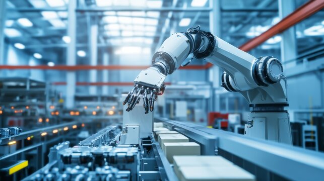 A robot assisting in high-speed packaging operations in a modern manufacturing plant with clean production lines and organized workstations, Packaging tech style, photo of