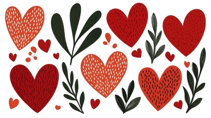 Collection of modern minimalist red heart shaped stickers in a variety of simple to detailed designs arranged on a clean white background for a chic elegant aesthetic