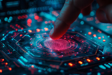 Finger touching digital fingerprint scanner on glowing virtual keyboard, identification concept