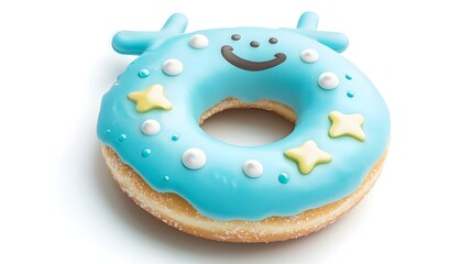 Whimsical Pastel Blue Airplane-Shaped Donut With Vanilla Icing on White Background