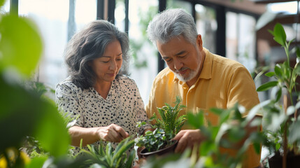 Obraz premium Couple caring houseplants at home. Multiracial mature man and woman with green plants