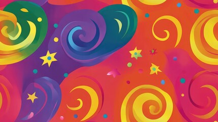 Fototapeta premium Abstract background with colorful swirls, stars, and dots.