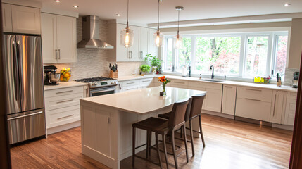 Contemporary kitchen with white cabinets, pendant lighting, and a touch of greenery